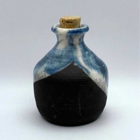 Raku Studio Art Ceramic Pottery Vase Signed With Cork Stopper Blue White 3.5 in - Picture 3 of 10